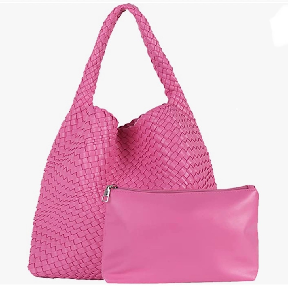 JINMANXUE Vegan Leather Hand-Woven Shoulder Handbag with Matching Cosmetic Case